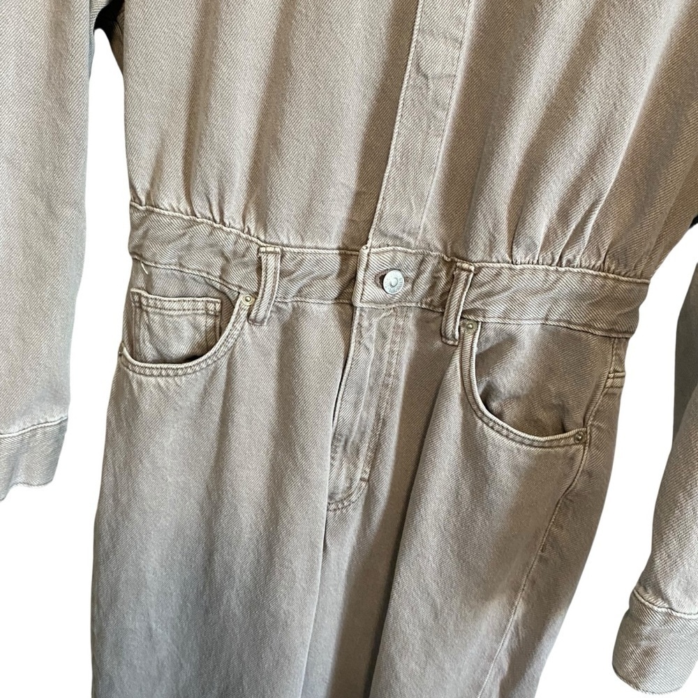 Zara Beige Taupe Cotton Long Sleeve Flare Slit Leg Boiler Suit Jump Suit Size S - Picture 2 of 5